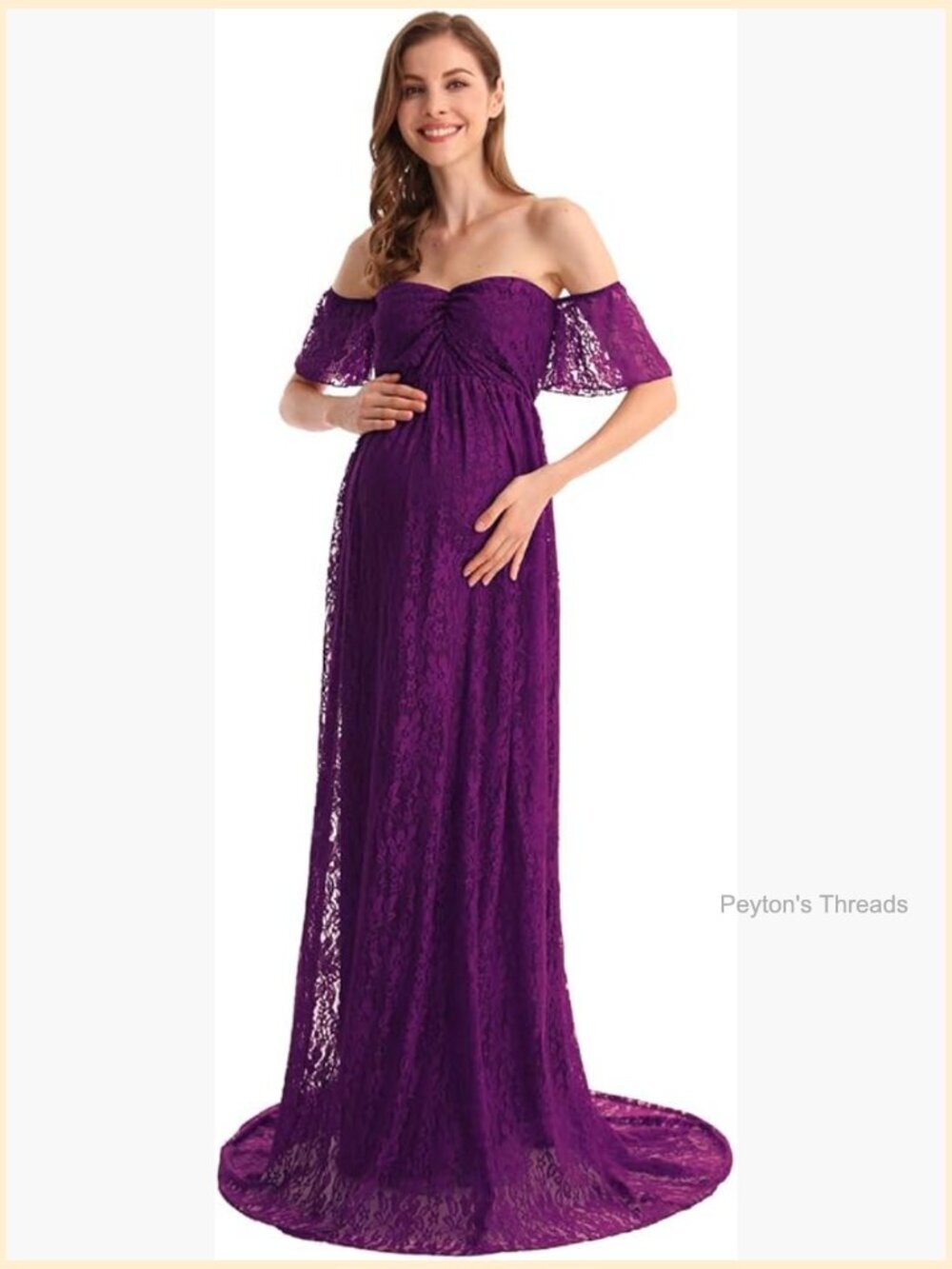 Off Shoulder Maternity Lace Dress Ruffle Sleeve Maxi Gown for Photoshoot